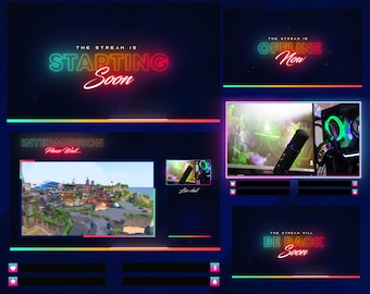 Stream Overlays Animated Neon Pink Blue Twitch Pack, Clean Minimalistic Stream Overlay Package, Simple Twitch Screens and Layout
