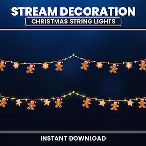 Animated Christmas Lights Twitch, Gingerbread Stream Decoration, Christmas Twitch Overlay, Snowflakes Lights, Stars, Twinkling Lights