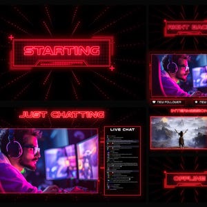 Black and Red Animated Twitch Overlays, Clean Aesthetic Dark Theme Stream Overlay Package, Minimalistic Twitch Screens and Layout