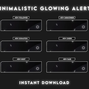 Alertas de fluxo minimalistas animados em preto, pacote de alertas de Twitch animados brilhantes, alerta de Twitch simples
