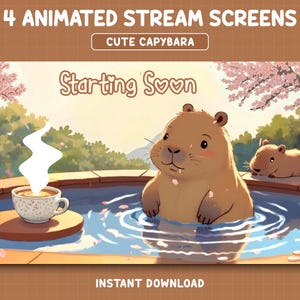 Capybara Twitch Overlays, Animated Capybara Twitch Screens, Cute Stream Screens, Twitch Overlay Lofi, Cute Capybara, Sakura, Cozy, Kawaii