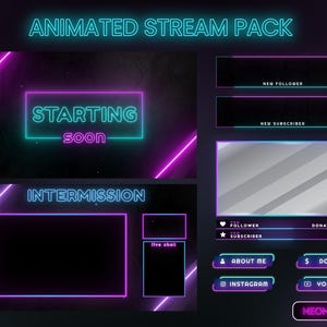 Animiertes Neon Twitch Overlay Paket, Neon Blau Pink Stream Overlay Paket, Minimalistisches Twitch Pack, Einfaches Twitch Overlay