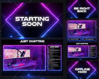 Neon Blue and Pink Gradient Animated Overlays Glowing Theme Streaming Pack / Twitch Pack, Cyperpunk Theme Overlays, Minimal Twitch Overlay