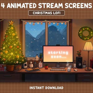 Christmas Twitch Overlays, Animated Christmas Twitch Screens, Cozy Stream Screens, Twitch Overlay Lofi, Snowfall, Desk, Christmas Tree