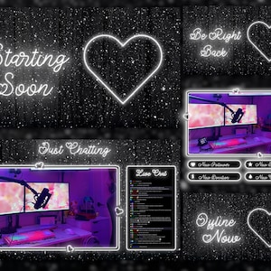 Valentine Neon Animated Overlay, Black White Twitch Overlay, Glowing Stream Overlay Package, Valentine Hearts Overlay, Dark Theme Overlay
