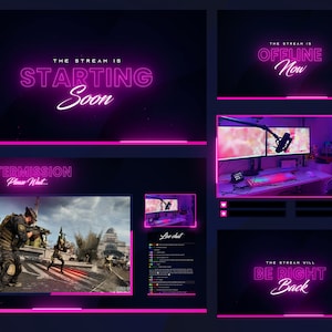 Stream Overlays Animiertes Neon Pink Twitch Pack, sauberes minimalistisches Stream Overlay Paket, einfache Twitch-Bildschirme und Layout