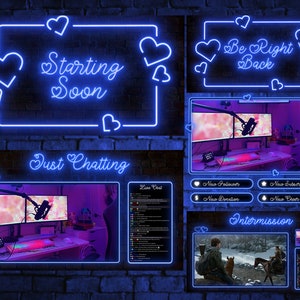 Valentine Neon Animiertes Overlay, Blue Hearts Twitch Overlay, Glowing Stream Overlay Paket, Twitch Overlay Blau, Süßes Valentine Overlay