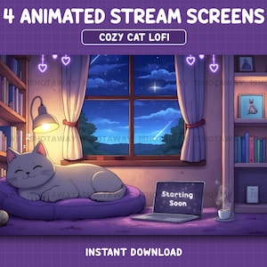 Magical Night Twitch Overlays, Twitch Screens, Cat Twitch, Cute Stream Screens, Twitch Overlay Lofi, Twinkling Stars, Cozy Twitch Overlay