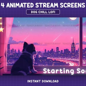 Dog Lofi Twitch Overlays, Animated Lofi Twitch Screens, Cute Stream Screens, Twitch Overlay Lofi, Stars, Cozy Twitch Overlay, Dog, Chill