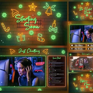 Christmas Twitch Overlays, Animated  Green Orange Twitch Pack, Christmas Stream Pack, Twitch Overlay Christmas, Santa, Snowfall, Glowing