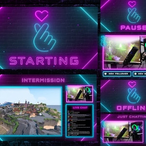 Neon Blau und Pink Liebe animierte Overlays, Valentine Theme Tracking Pack, K-Pop Twitch Paket, Stinger Übergang, Cute Hearts Overlay