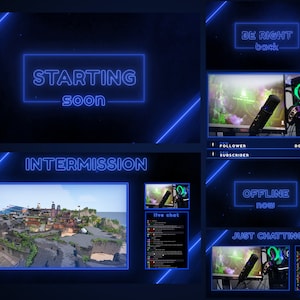 Neon Blau Animierte Overlays, Animiertes Twitch Pack, Simple Stream Overlays, Twitch Overlay Neon