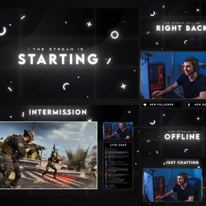 Sobreposições Twitch animadas em preto e branco, pacote de sobreposição de fluxo de tema escuro estético limpo, telas e layout minimalistas do Twitch