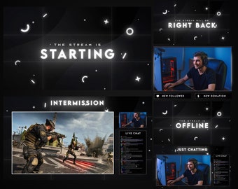 Black and White Animated Twitch Overlays, Clean Aesthetic Dark Theme Stream Overlay Package, Minimalistic Twitch Screens and Layout