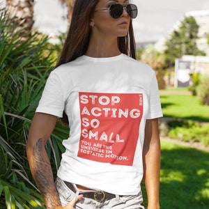 Rumi Quote, Stop Acting So Small You Are The Universe in Ecstatic Motion Red and White Graphic | Unisex Jersey Short Sleeve Tee