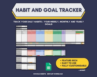 Daily Habits and Weekly, Monthly, Yearly Goal Tracker Google Sheets Spreadsheet Template