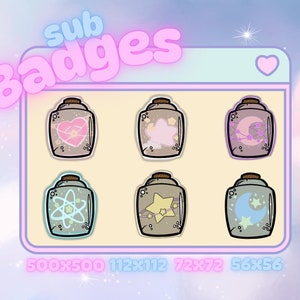 May include: Six illustrated glass jar badges with different designs. The designs include a heart, a star, a crescent moon, an atom, a star with a string of stars, and a crescent moon with a star. The badges are in a digital display with the text "sub badges" and the dimensions of each badge.
