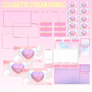 Puede incluir: Un paquete de arte digital con un esquema de color rosa y pastel. El paquete incluye varias superposiciones, paneles y pantallas de transmisión. El texto "COQUETTE STREAM BUNDLE" está en la parte superior. También hay gráficos en forma de corazón con alas y texto como "Starting Soon".