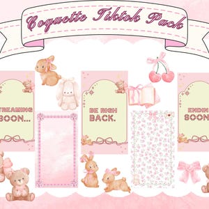 May include: A pink and cream-colored digital art pack labeled "Coquette Tiktok Pack." The pack includes illustrations of teddy bears, bunnies, cherries, bows, and text boxes with phrases like "Streaming Soon" and "Be Right Back."