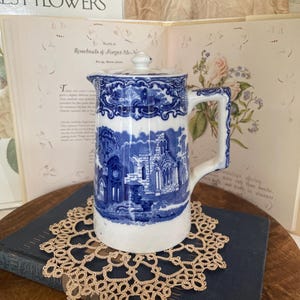 Antique Coffee Pot, George Jones Abbey Blue Transferware Chocolate Pot