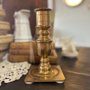 Vintage 7.75” Solid Brass Candlestick Holder | Heavy Square Base Candle Holder | Traditional Brass Decor