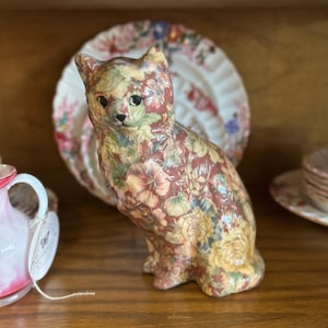 Vintage Floral Cat Statue, Decoupage Cat Figurine, 1980s Home Decor, Colorful Cat Sculpture, Gift for Cat Lover