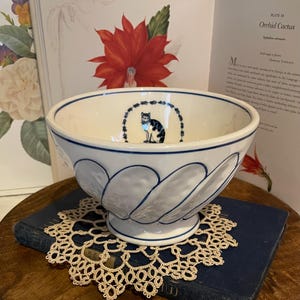 Molly Hatch Blue & White Pedestal Bowl, Designer Ceramic with Cat Motif