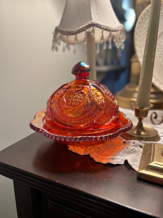 Vintage Butter Dish in Sunset Red Carnival Glass – Indiana Heirloom Series, 1970s