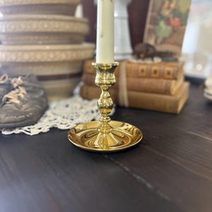 Vintage Polished Brass Taper Candlestick Holder with Wide Base | Classic Gold Tone Candle Holder | 4.25” Tall