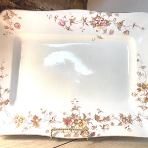 Antique Ironstone Floral Platter Brown Transferware with Pink & Yellow Blooms Heavy Crazing 1800s Mark