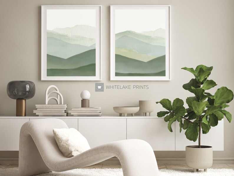 Sage Green Abstract Mountain Printable Art Prints Set of 2, Minimalist ...
