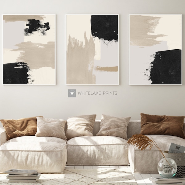 Neutral Wall Art, Beige Black Wall Art, Extra Large Wall Art, Abstract 3 Piece Wall Art, Digital Prints Download