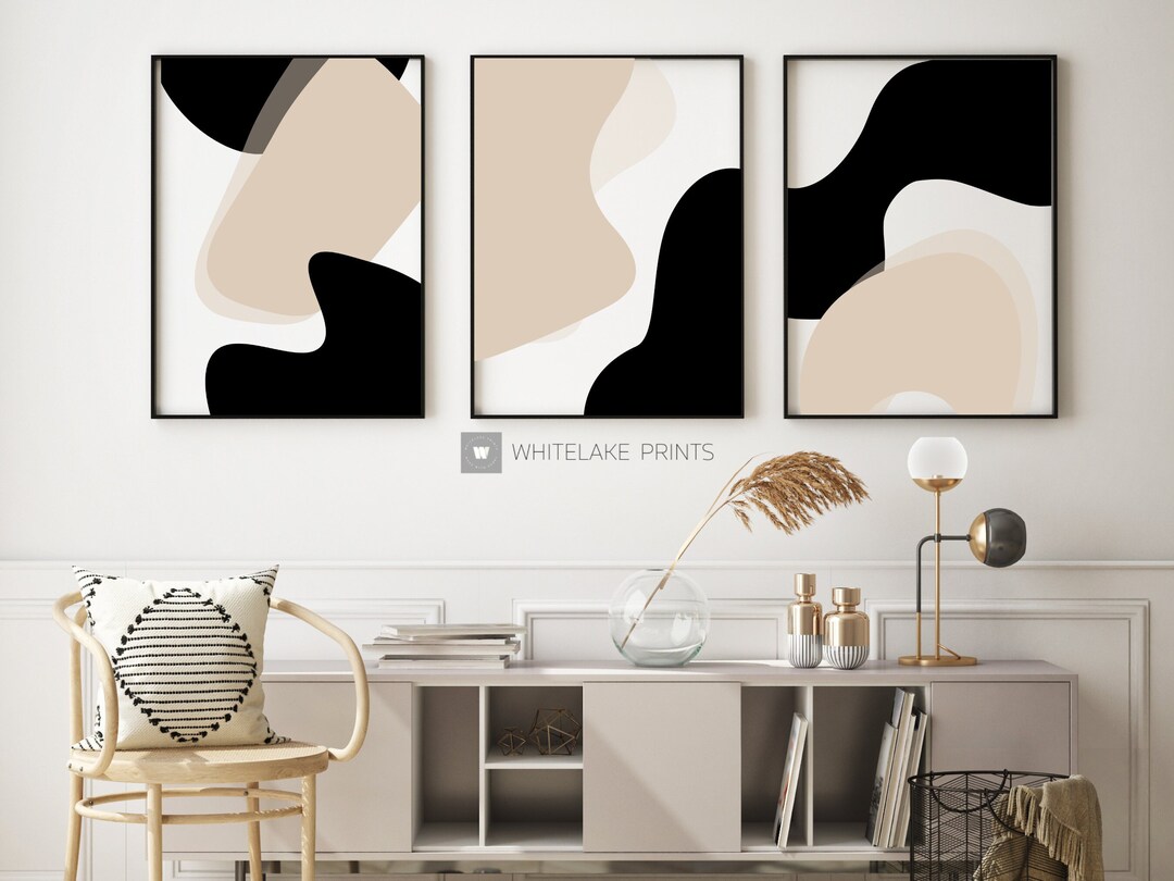 Modern Neutral Abstract Printable Wall Art Set of 3, Black and Beige ...