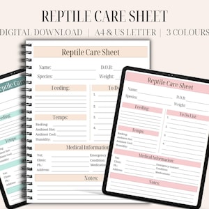 Può includere: Foglio di cura per rettili stampabile in tre colori: rosa, verde acqua e beige. Il foglio include sezioni per nome, specie, data di nascita, peso, alimentazione, temperature, lista di cose da fare, informazioni mediche e note.