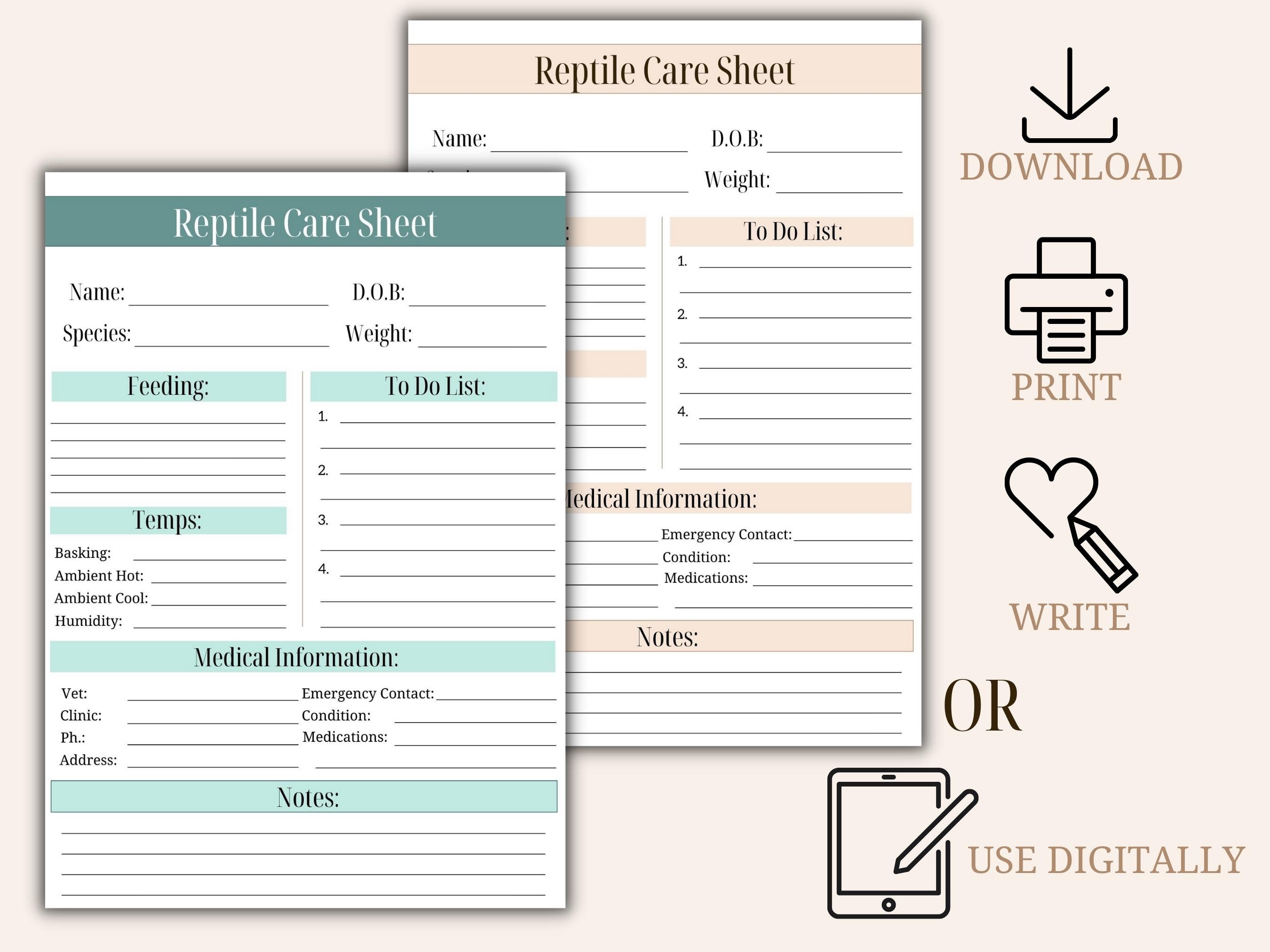 Reptile Care Sheet, Printable Pet Planner, Reptile Care Journal, Pet ...