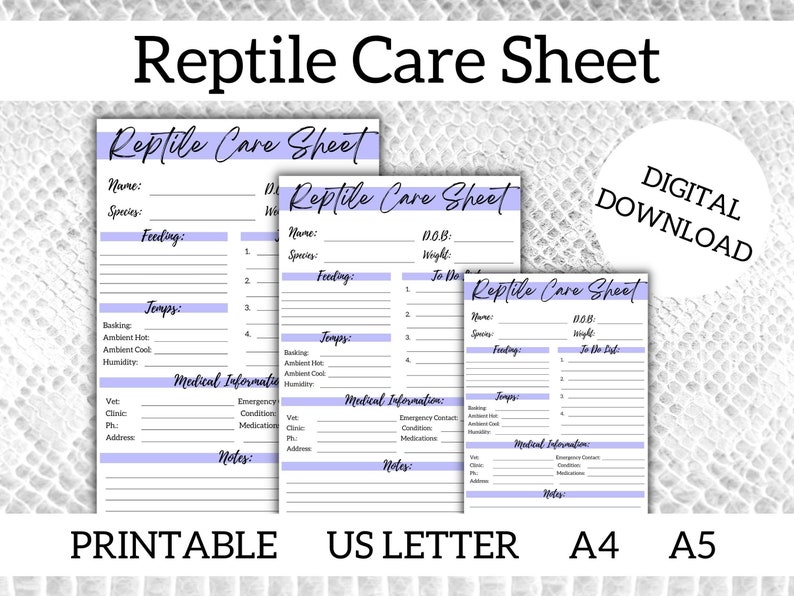 Photo inspiration: Reptile And Snake Care Requirements Reference: Reptile Care Sheet Printable Pet Planner Reptile Care Journal Pet