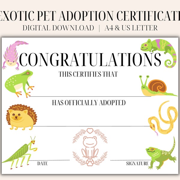 Exotic Pet Adoption Certificate, Digital Pet Certificate, Childrens Animal Party Printable, Fun Animal Theme, Exotic Pet Gotcha Day Card