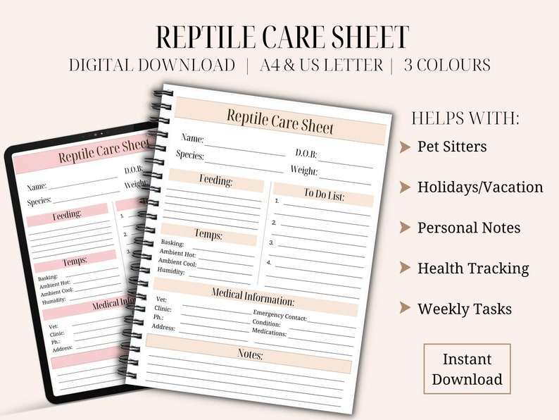 Reptile Care Sheet Printable Pet Planner Reptile Care - Etsy
