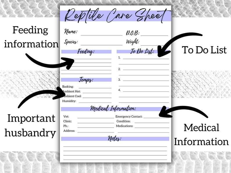 Reptile Care Sheet, Printable Pet Planner, Reptile Care Journal, Pet