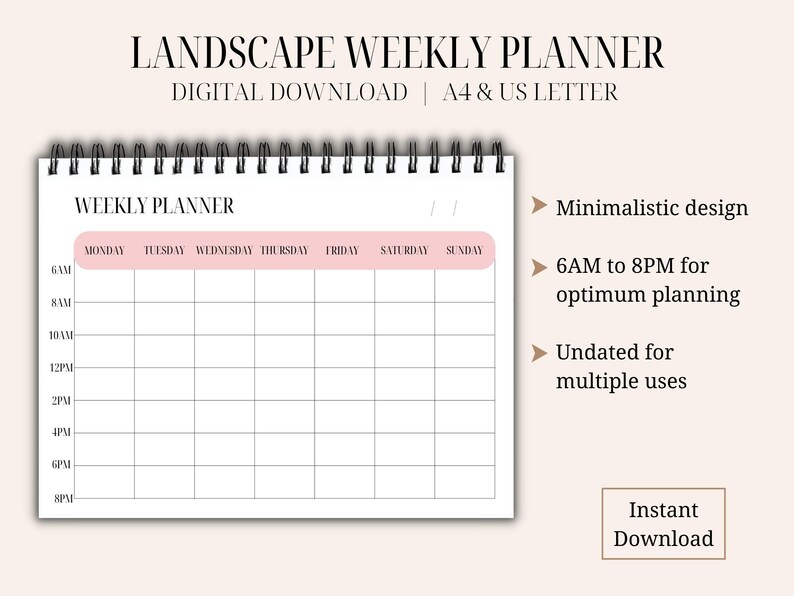 Undated Weekly Planner, Landscape Printable Weekly Planner ...