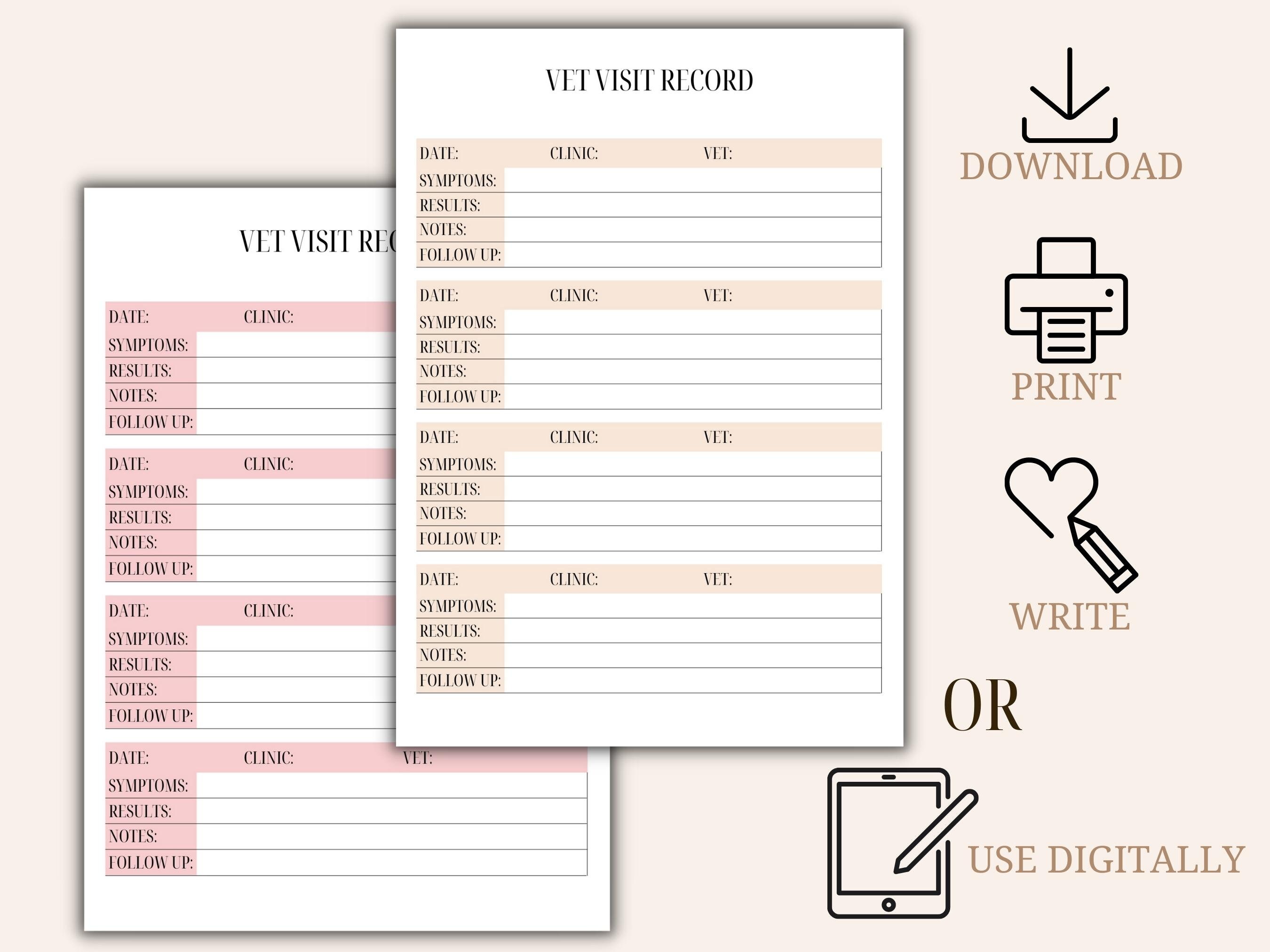 Vet Visit Record, Printable Pet Dog Medical History Template, Pet