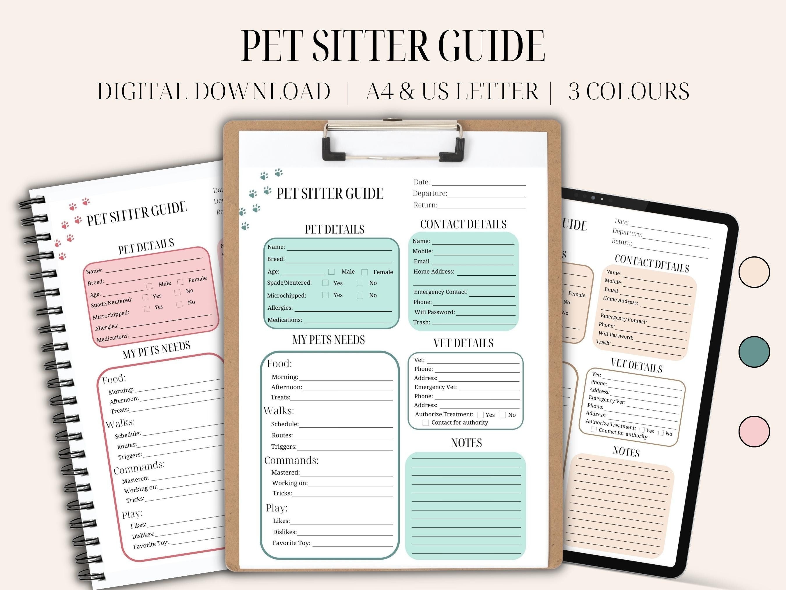 Pet Sitter Guide, Pet Care Instructions, Printable Dog Sitter Form, Pet ...