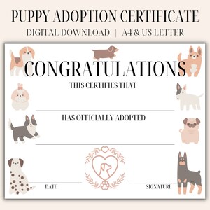 Puppy Adoption Certificate, Digital Dog Adoption Certificate, Puppy Birthday Party Printable, Lets Pawty Adoption Certificate, Adopt A Puppy