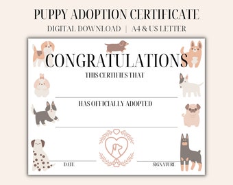 Puppy Adoption Certificate, Digital Dog Adoption Certificate, Puppy Birthday Party Printable, Lets Pawty Adoption Certificate, Adopt A Puppy