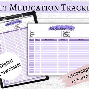 Pet Medication Tracker, Pet Medical Record, Printable Medication Log, Digital Download Pet Health Record