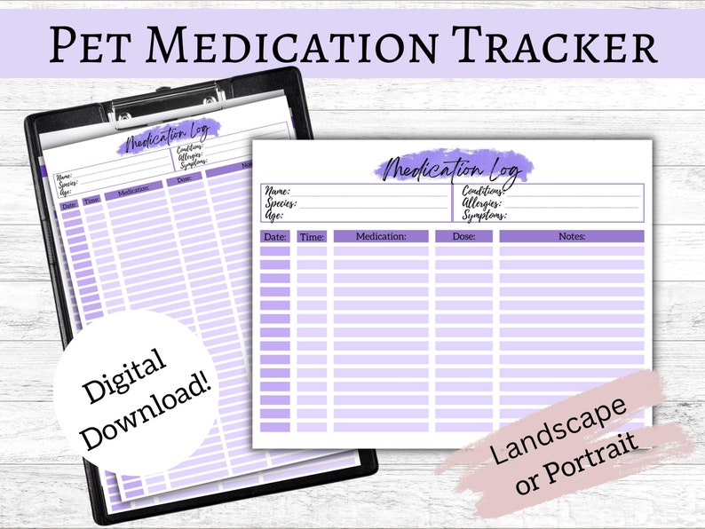 Pet Medication Tracker, Pet Medical Record, Printable Medication Log ...
