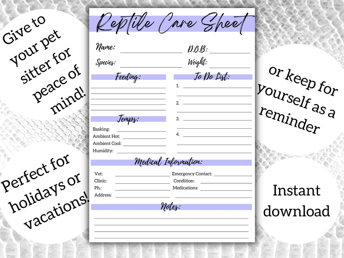 Reptile Care Sheet, Printable Pet Planner, Reptile Care Journal, Pet ...