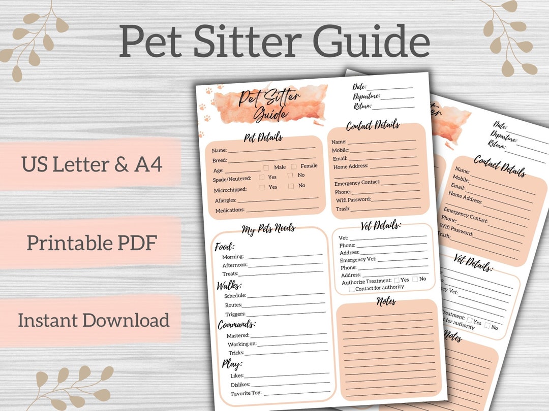 Pet Sitter Guide, Pet Care Instructions, Printable Dog Sitter Form, Cat