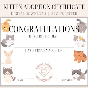 Kitten Adoption Certificate, Digital Cat Adoption Certificate, Kitten Birthday Party Printable, Lets Pawty Adoption Certificate Pet Adoption
