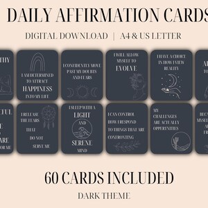 Daily Affirmation Cards, Minimal Manifestation Cards, Law of Attraction Cards, Self Care Printable, Dark Theme Encouragement Cards